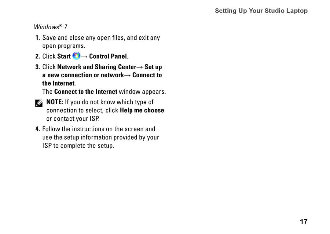 Dell 1450, 1457, 1458, P03G001, 0KWJH0A01 setup guide Setting Up Your Studio Laptop 