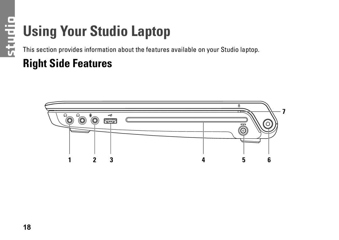 Dell 0KWJH0A01, 1450, 1457, 1458, P03G001 setup guide Using Your Studio Laptop, Right Side Features 