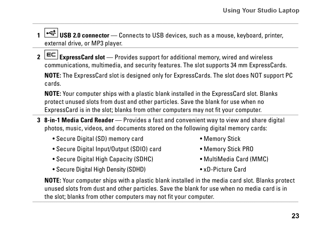 Dell 1450, 1457, 1458, P03G001, 0KWJH0A01 setup guide Using Your Studio Laptop 