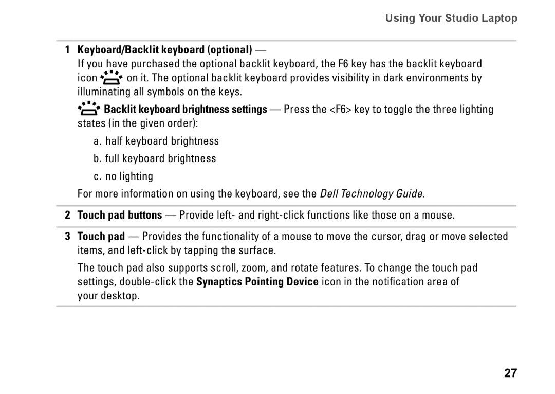 Dell 1457, 1450, 1458, P03G001, 0KWJH0A01 setup guide Keyboard/Backlit keyboard optional 