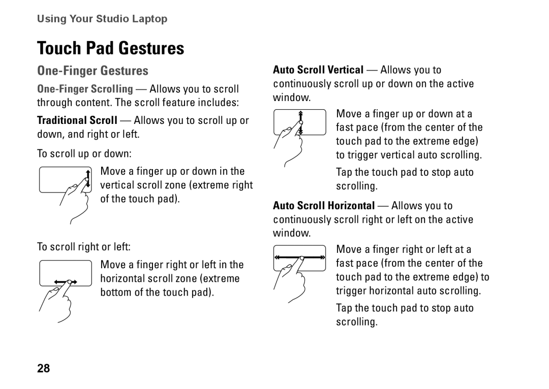 Dell 1458, 1450, 1457, P03G001, 0KWJH0A01 setup guide Touch Pad Gestures, One-Finger Gestures 