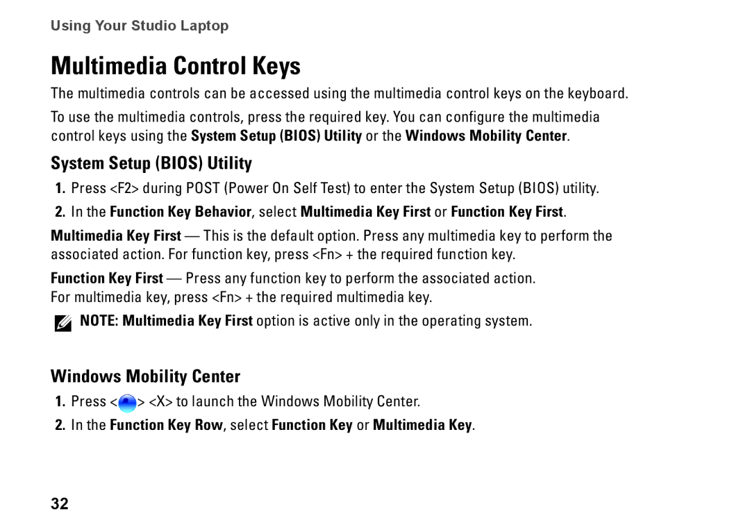 Dell 0KWJH0A01, 1450, 1457, 1458, P03G001 Multimedia Control Keys, System Setup Bios Utility, Windows Mobility Center 