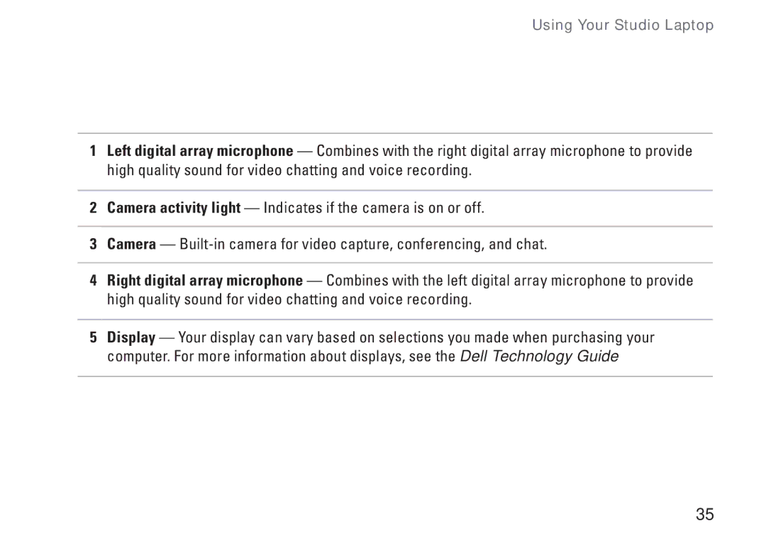 Dell 1458, 1450, 1457, P03G001, 0KWJH0A01 setup guide Using Your Studio Laptop 