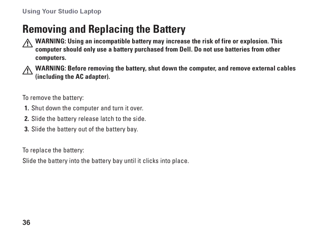 Dell P03G001, 1450, 1457, 1458, 0KWJH0A01 setup guide Removing and Replacing the Battery 