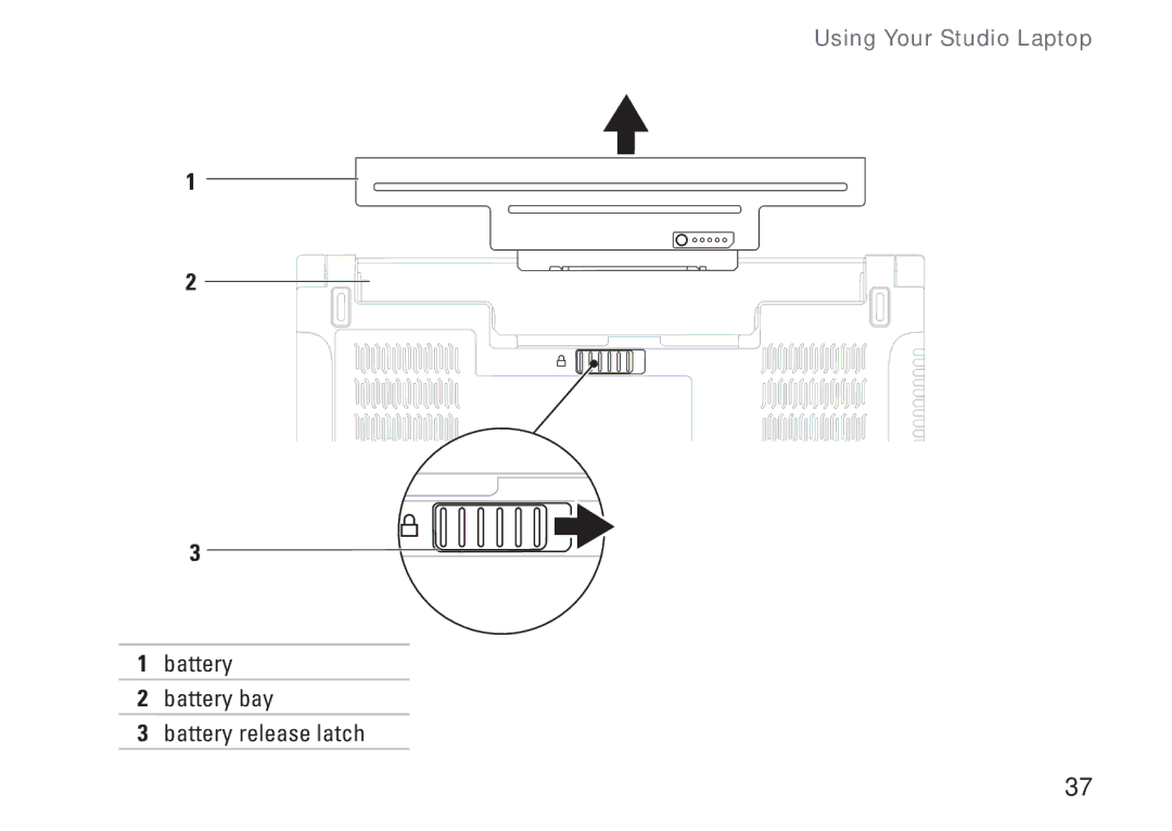 Dell 1450, 1457, 1458, P03G001, 0KWJH0A01 setup guide Battery Battery bay Battery release latch 