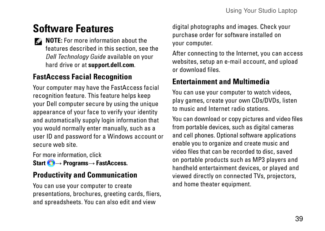 Dell 0KWJH0A01, 1450, 1457, 1458, P03G001 Software Features, FastAccess Facial Recognition, Productivity and Communication 