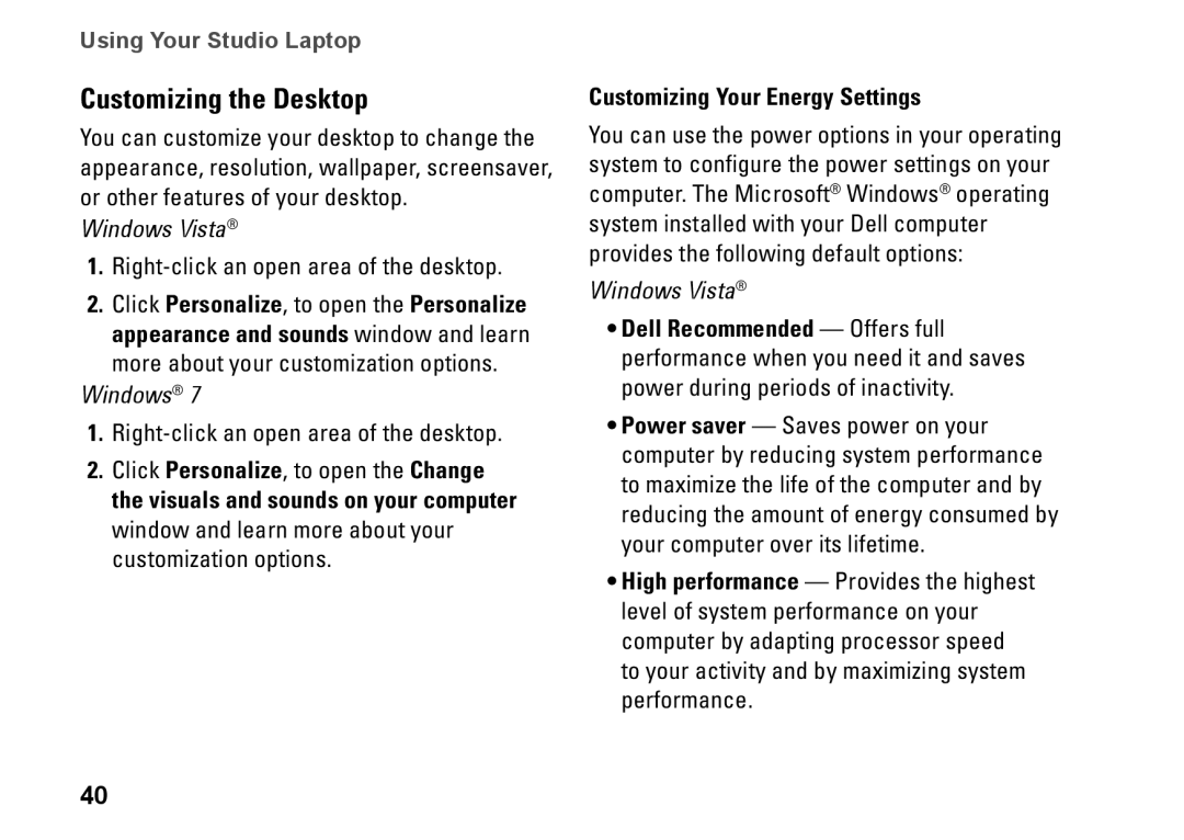 Dell 1450, 1457, 1458, P03G001, 0KWJH0A01 setup guide Customizing the Desktop, Customizing Your Energy Settings 