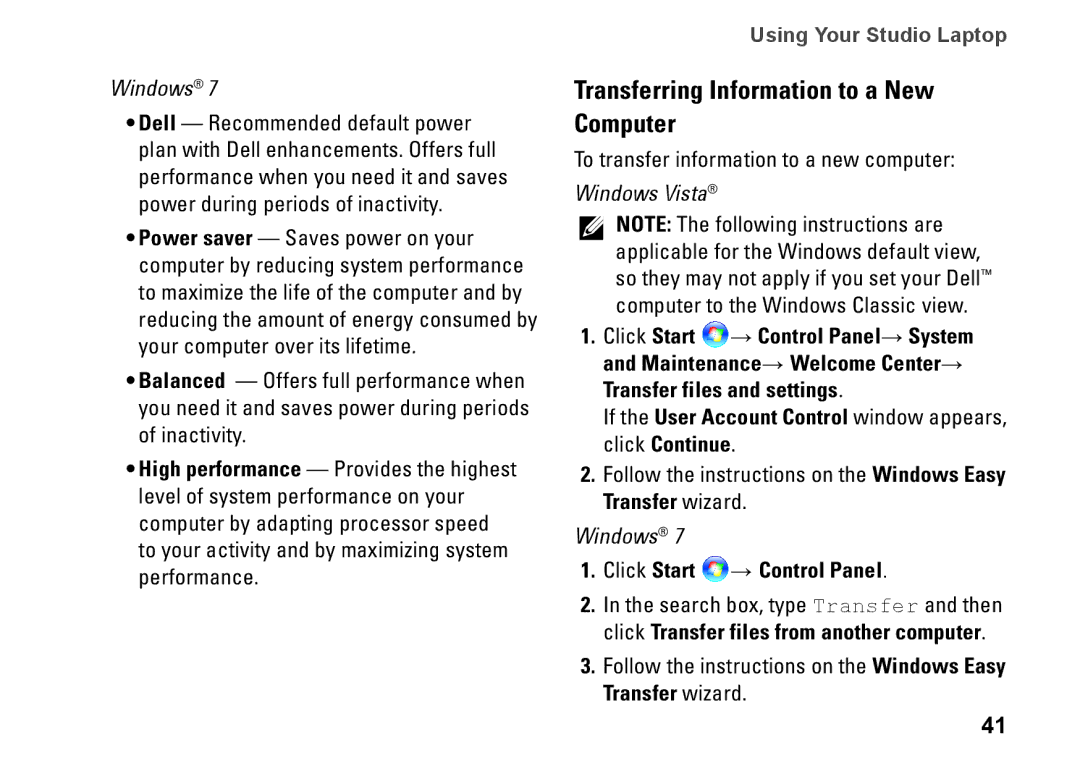 Dell 1457, 1450 Transferring Information to a New Computer, If the User Account Control window appears, click Continue 