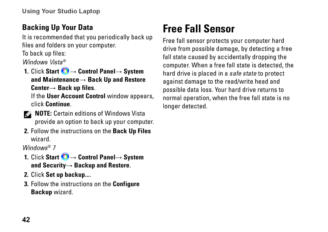 Dell 1458, 1450, 1457, P03G001, 0KWJH0A01 setup guide Free Fall Sensor, Backing Up Your Data, Click Set up backup 