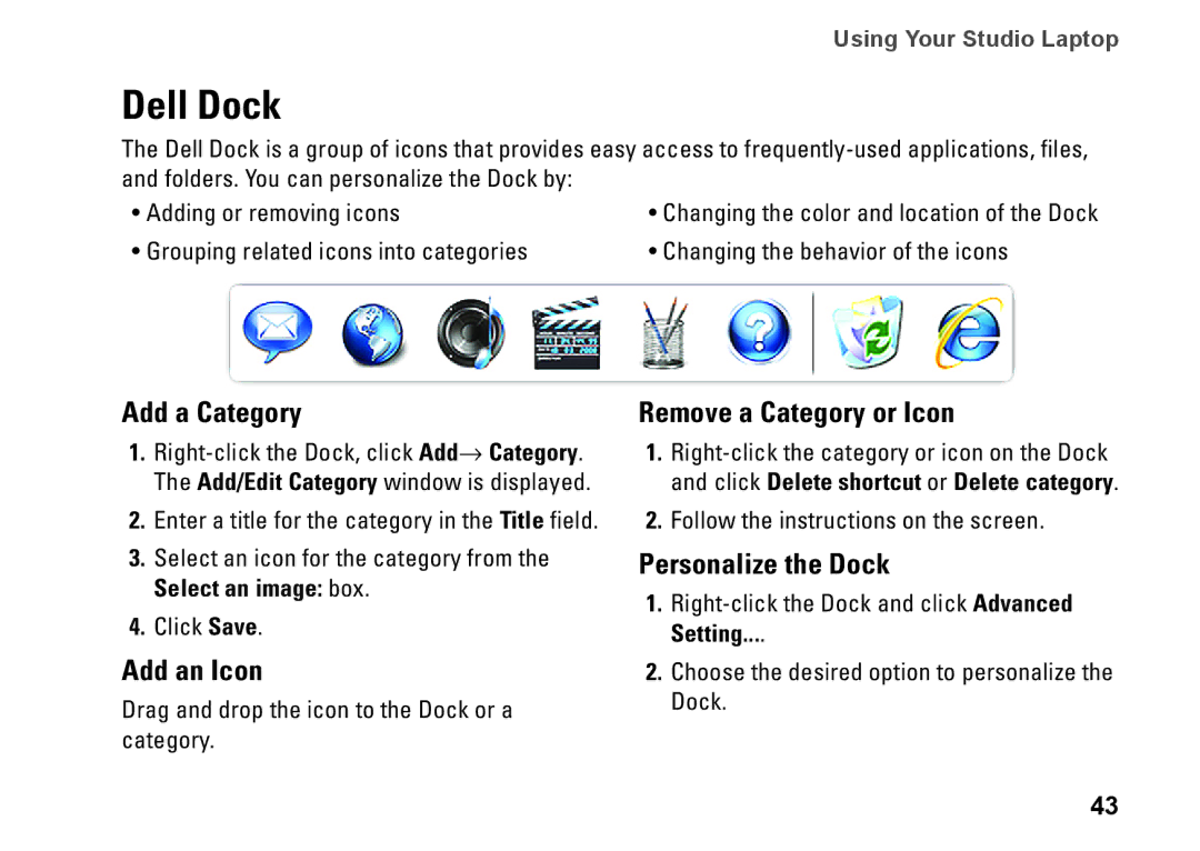 Dell P03G001, 1450, 1457, 1458, KWJH0 Dell Dock, Add a Category, Add an Icon, Remove a Category or Icon, Personalize the Dock 