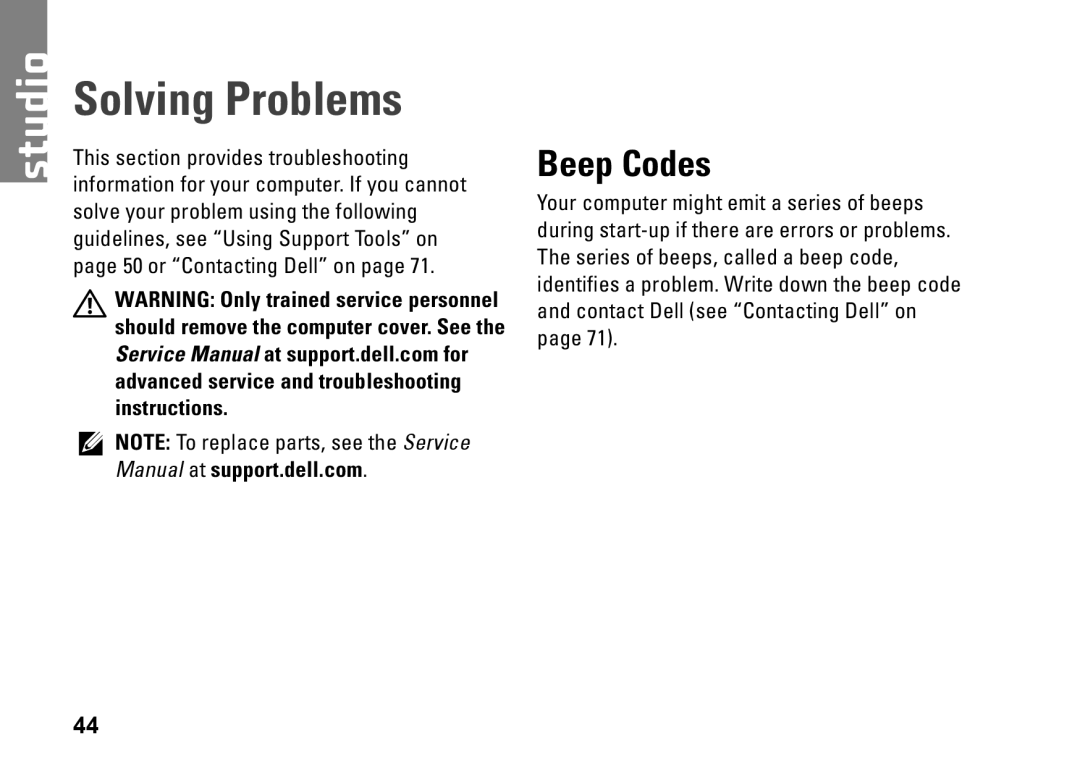 Dell 1450, 1457, 1458, P03G001, 0KWJH0A01 setup guide Solving Problems, Beep Codes 