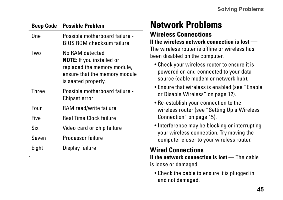 Dell KWJH0, 1450, 1457, 1458, P03G001 Network Problems, Wireless Connections, Wired Connections, Beep Code Possible Problem 