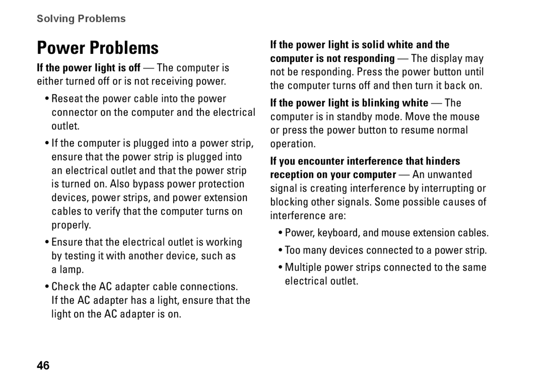 Dell 0KWJH0A01, 1450, 1457, 1458, P03G001 setup guide Power Problems 