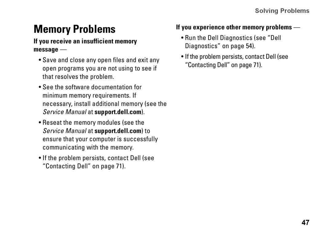 Dell 1450, 1457 Memory Problems, If you receive an insufficient memory message, If you experience other memory problems 