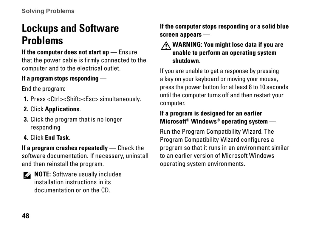 Dell 1457, 1450, 1458, P03G001, 0KWJH0A01 setup guide If a program stops responding, Click Applications, Click End Task 