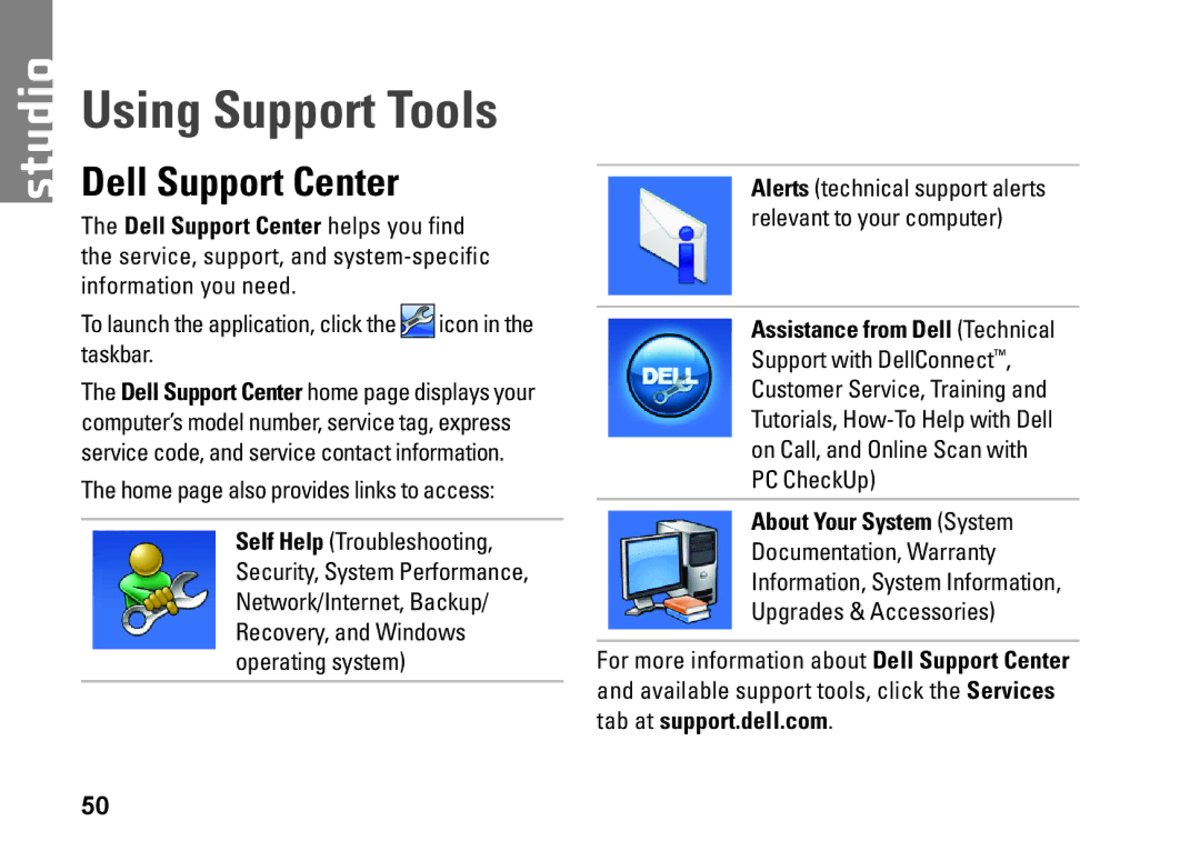 Dell P03G001, 1450, 1457, 1458, 0KWJH0A01 setup guide Using Support Tools, Dell Support Center, About Your System System 