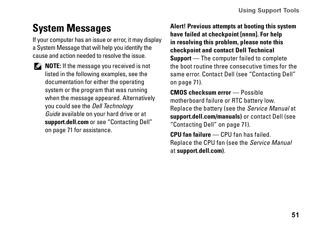 Dell 1450, 1457, 1458, P03G001, 0KWJH0A01 setup guide System Messages, Using Support Tools 