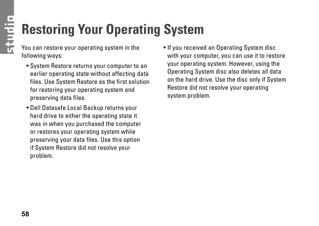 Dell 1450, 1457, 1458, P03G001, 0KWJH0A01 setup guide Restoring Your Operating System 