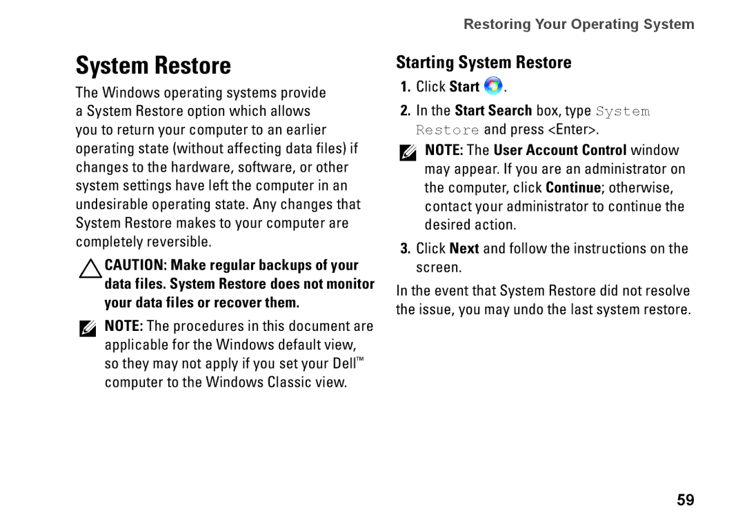 Dell 1450, 1457, 1458, P03G001, 0KWJH0A01 setup guide Starting System Restore 