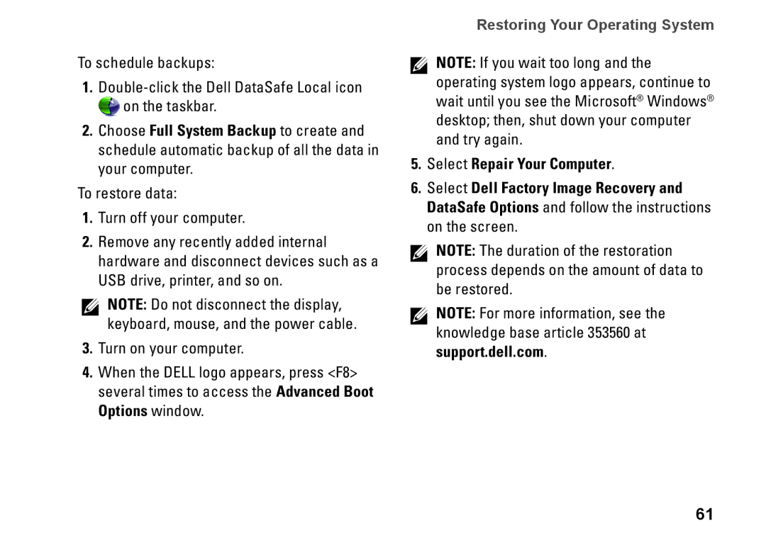 Dell 1450, 1457, 1458, P03G001, 0KWJH0A01 setup guide Restoring Your Operating System 