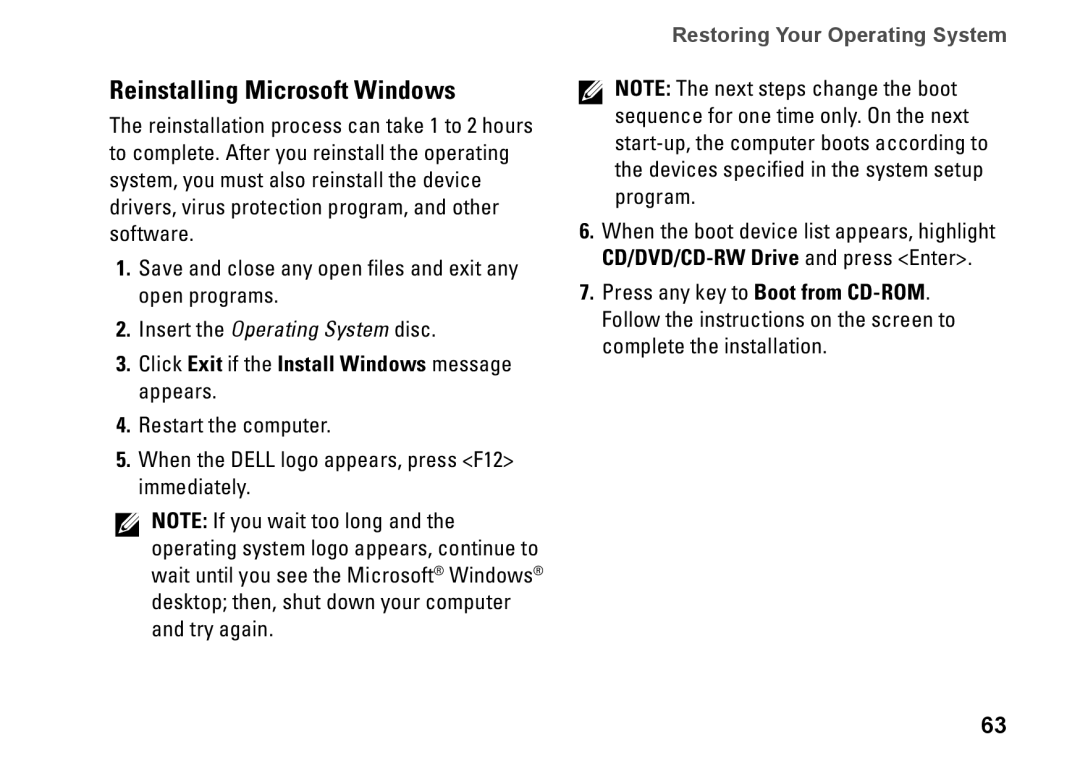 Dell 1458, 1450, 1457, P03G001, KWJH0 Reinstalling Microsoft Windows, Click Exit if the Install Windows message appears 