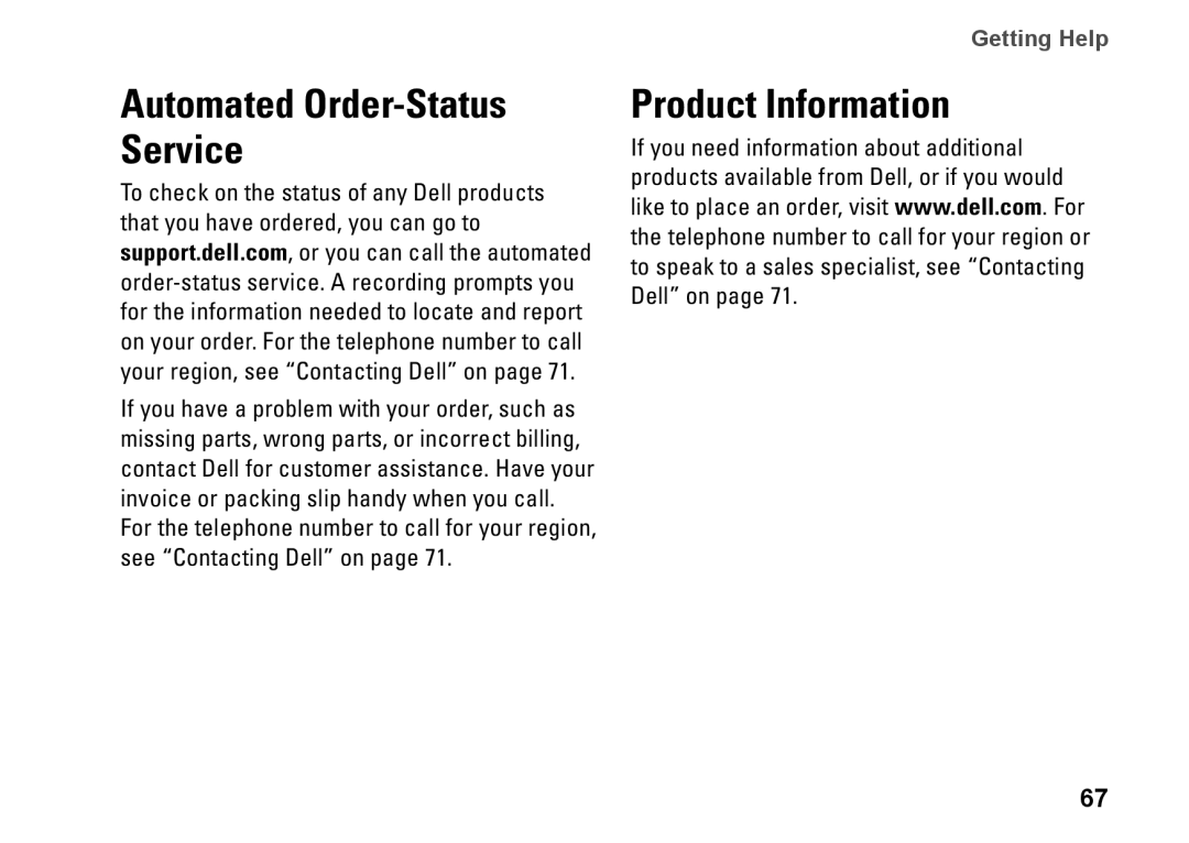 Dell 0KWJH0A01, 1450, 1457, 1458, P03G001 setup guide Automated Order-Status Service, Product Information 