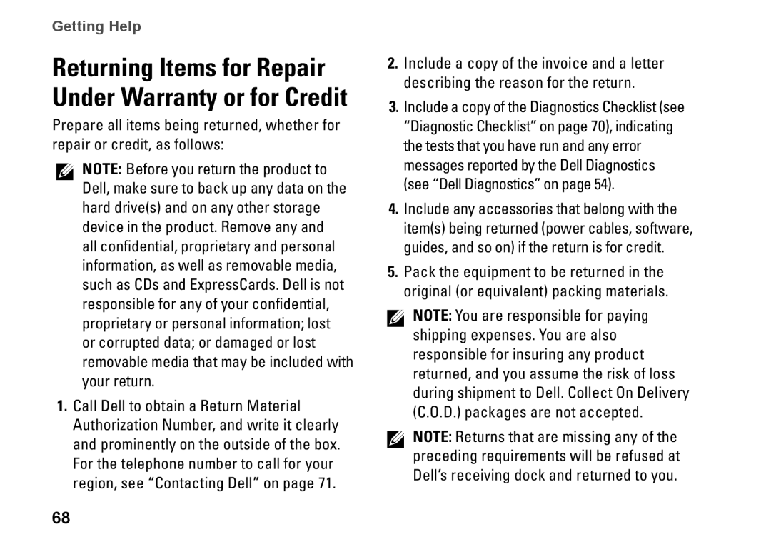 Dell 1450, 1457, 1458, P03G001, 0KWJH0A01 setup guide Returning Items for Repair Under Warranty or for Credit 