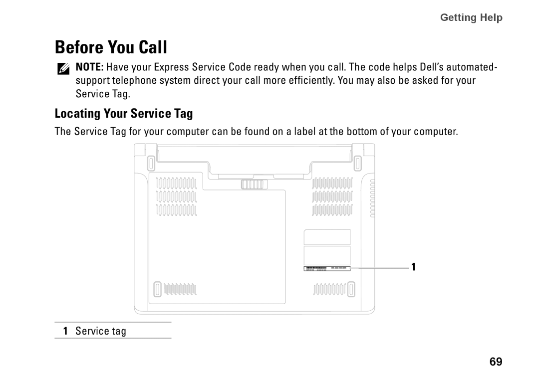 Dell 1457, 1450, 1458, P03G001, 0KWJH0A01 setup guide Before You Call, Locating Your Service Tag 