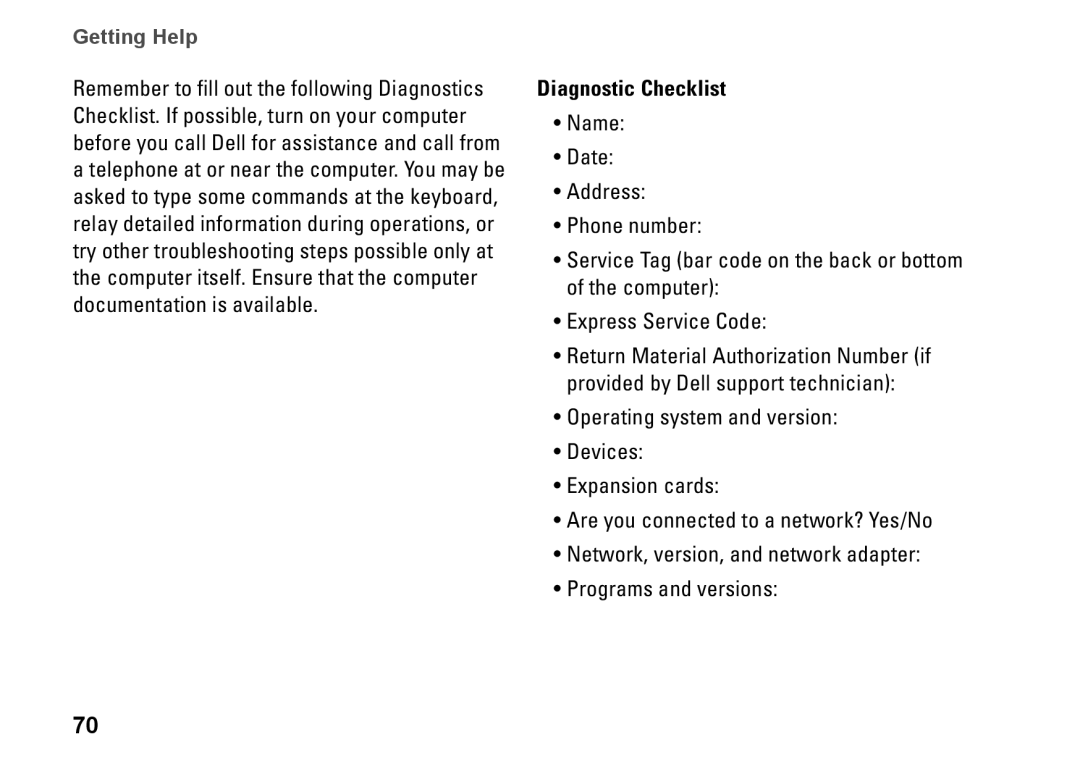 Dell 1458, 1450, 1457, P03G001, 0KWJH0A01 setup guide Diagnostic Checklist 