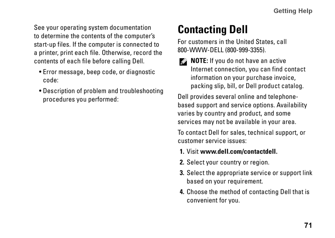 Dell P03G001, 1450, 1457, 1458, 0KWJH0A01 setup guide Contacting Dell, For customers in the United States, call 800-WWW-DELL 