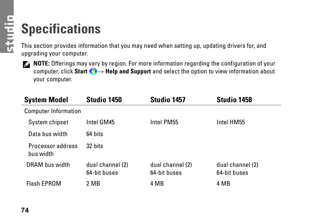 Dell 0KWJH0A01, 1450, 1457, 1458, P03G001 setup guide Specifications, System Model Studio 