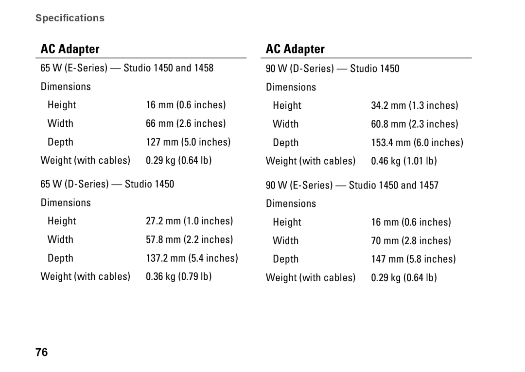 Dell 1457, 1450, 1458, P03G001, 0KWJH0A01 setup guide AC Adapter 