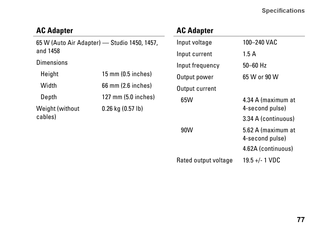 Dell 1458, P03G001, 0KWJH0A01 setup guide Auto Air Adapter Studio 1450, 1457, Dimensions Height 