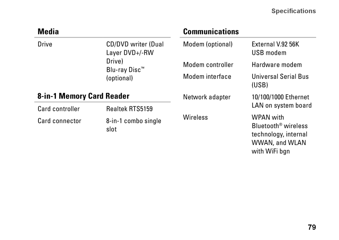 Dell 1450, 1457, 1458, P03G001, 0KWJH0A01 setup guide Media, In-1 Memory Card Reader, Communications 