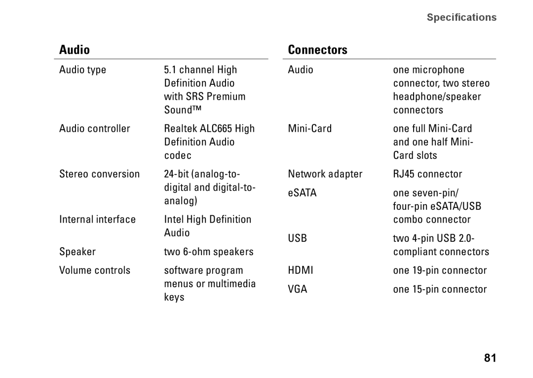 Dell 0KWJH0A01, 1450, 1457, 1458, P03G001 setup guide Audio, Connectors 