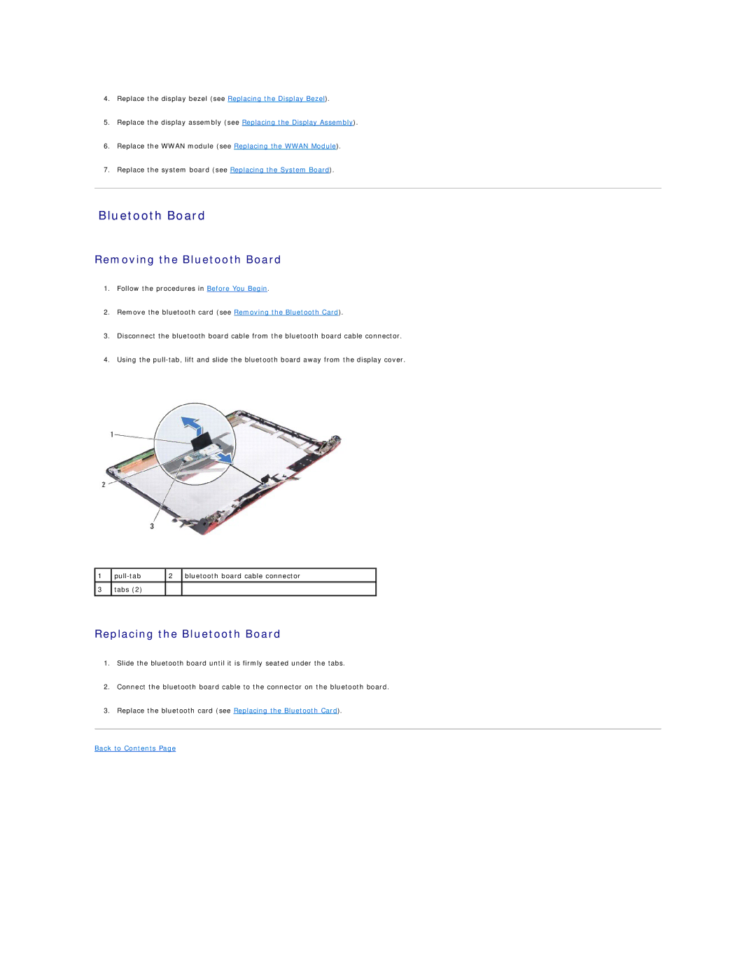 Dell 1457, 1458 manual Removing the Bluetooth Board, Replacing the Bluetooth Board 