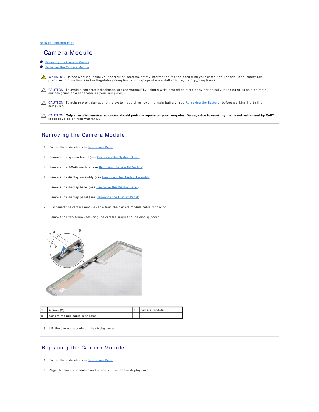 Dell 1458, 1457 manual Removing the Camera Module, Replacing the Camera Module 