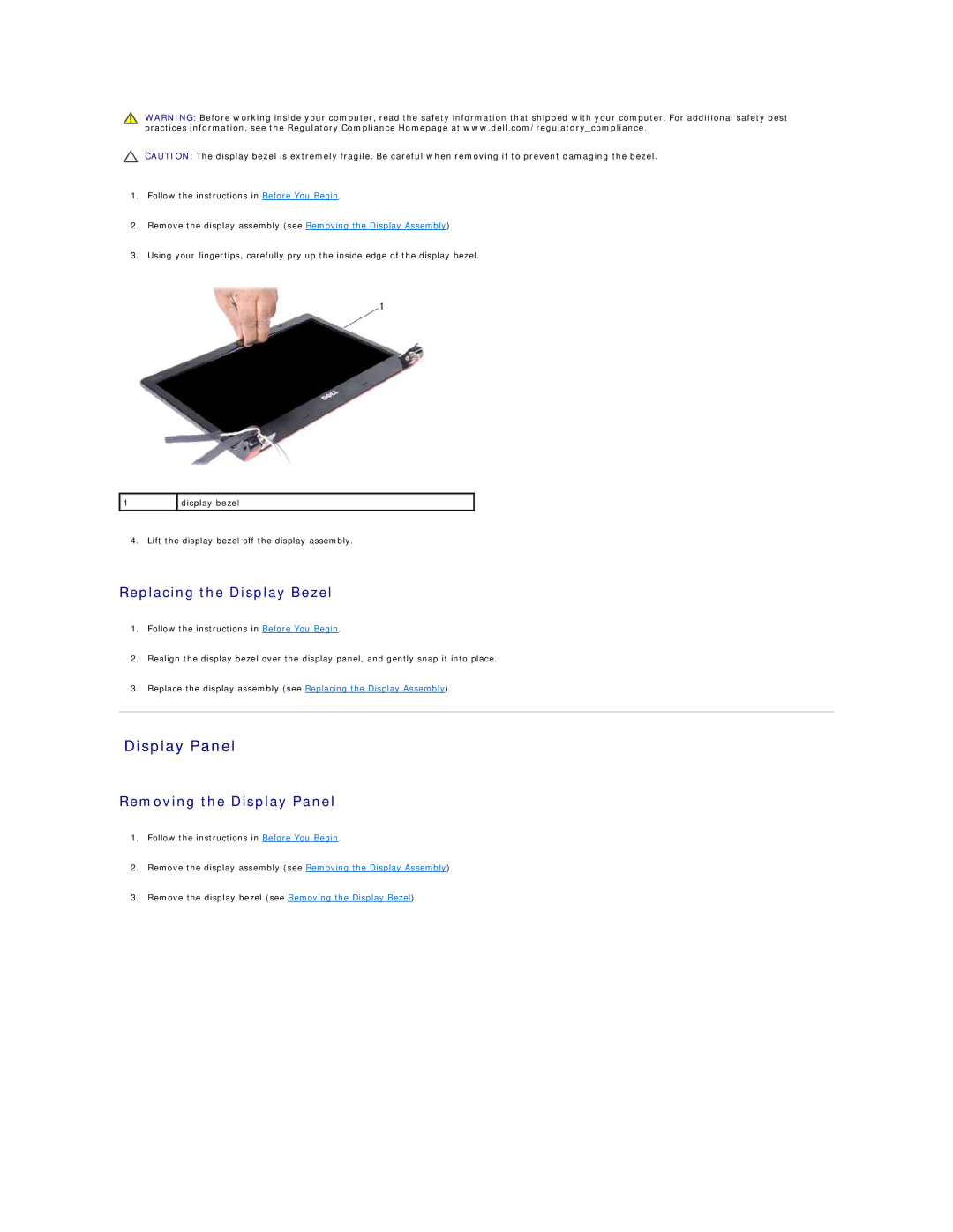 Dell 1457, 1458 manual Replacing the Display Bezel, Removing the Display Panel 