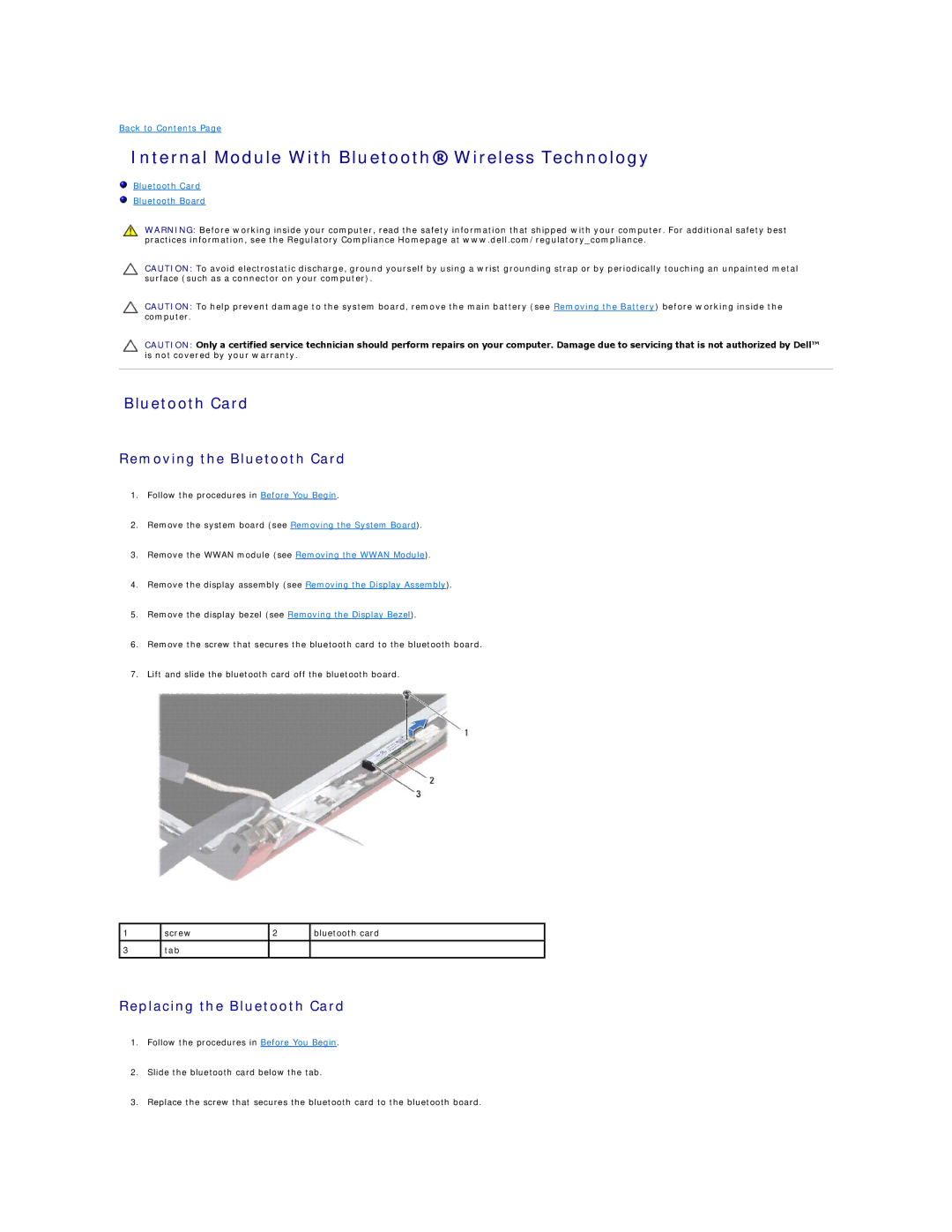 Dell 1458, 1457 manual Internal Module With Bluetooth Wireless Technology, Removing the Bluetooth Card 