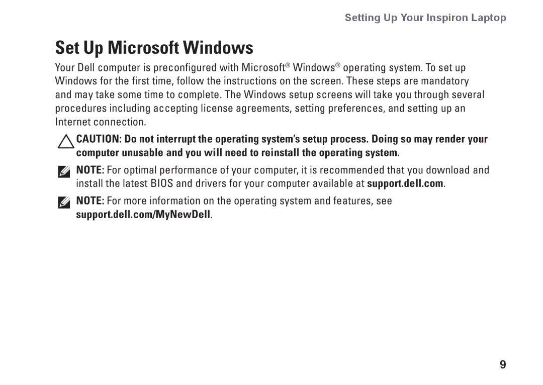 Dell P09G series, 1464, YXKVH, P09G001 setup guide Set Up Microsoft Windows 