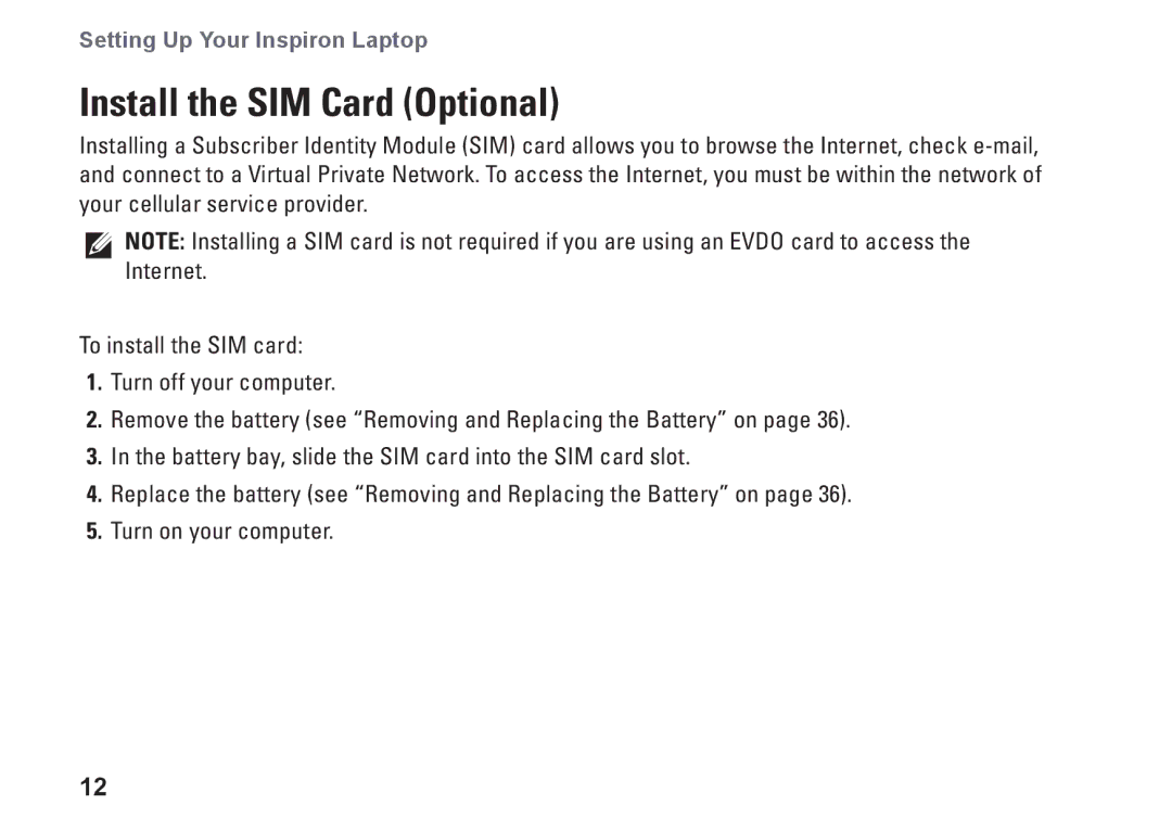 Dell P09G001, 1464, YXKVH, P09G series setup guide Install the SIM Card Optional 