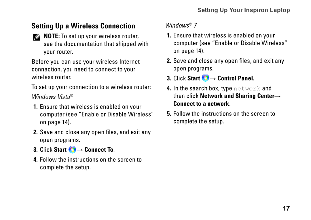 Dell P09G series, 1464, YXKVH Setting Up a Wireless Connection, Click Start → Connect To, Click Start → Control Panel 