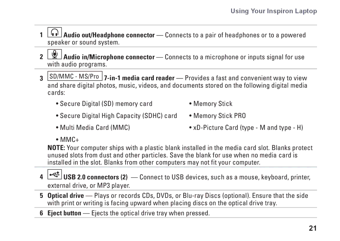 Dell P09G series, 1464, YXKVH, P09G001 setup guide Using Your Inspiron Laptop 