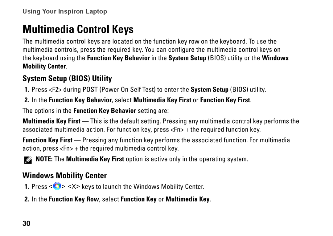 Dell 1464, YXKVH, P09G001, P09G series setup guide Multimedia Control Keys, System Setup Bios Utility, Windows Mobility Center 