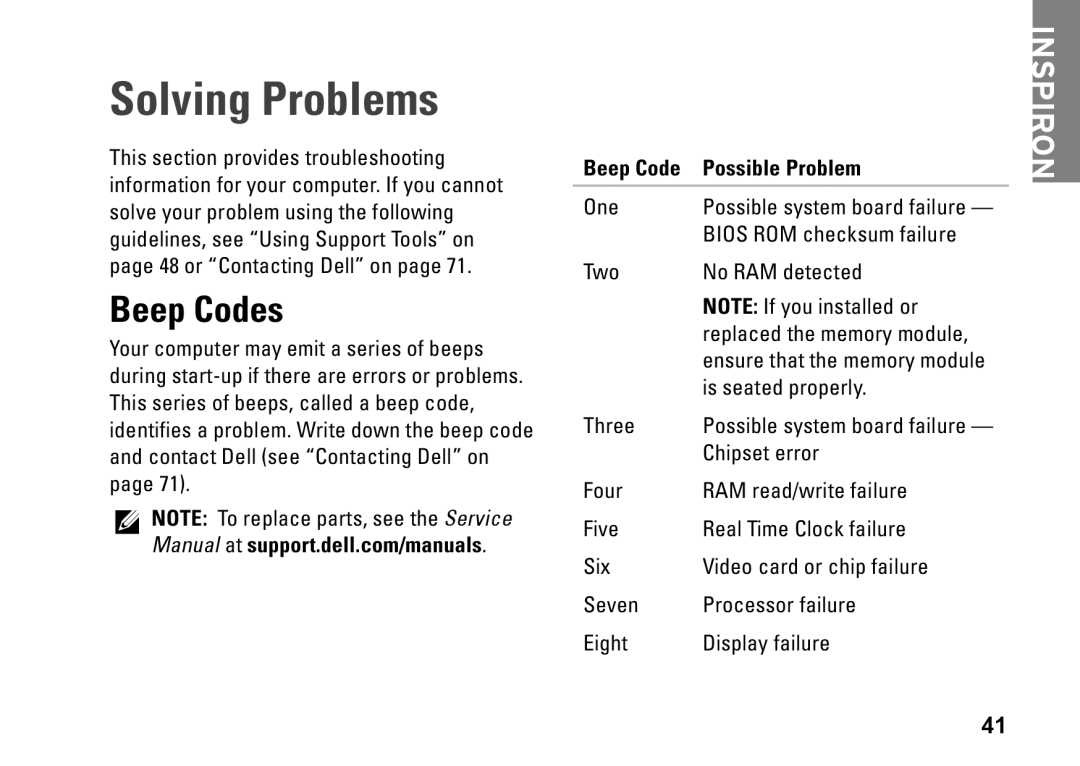 Dell P09G series, 1464, YXKVH, P09G001 setup guide Solving Problems, Beep Codes, Beep Code Possible Problem 