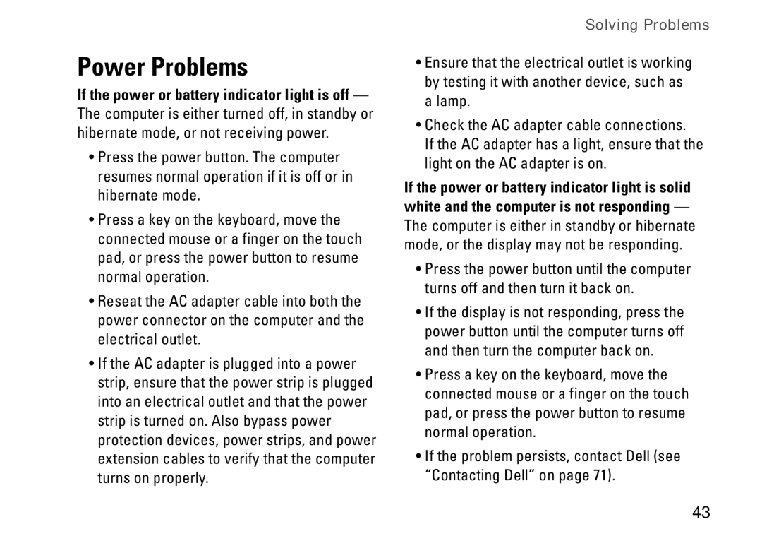 Dell YXKVH, 1464, P09G001, P09G series setup guide Power Problems 