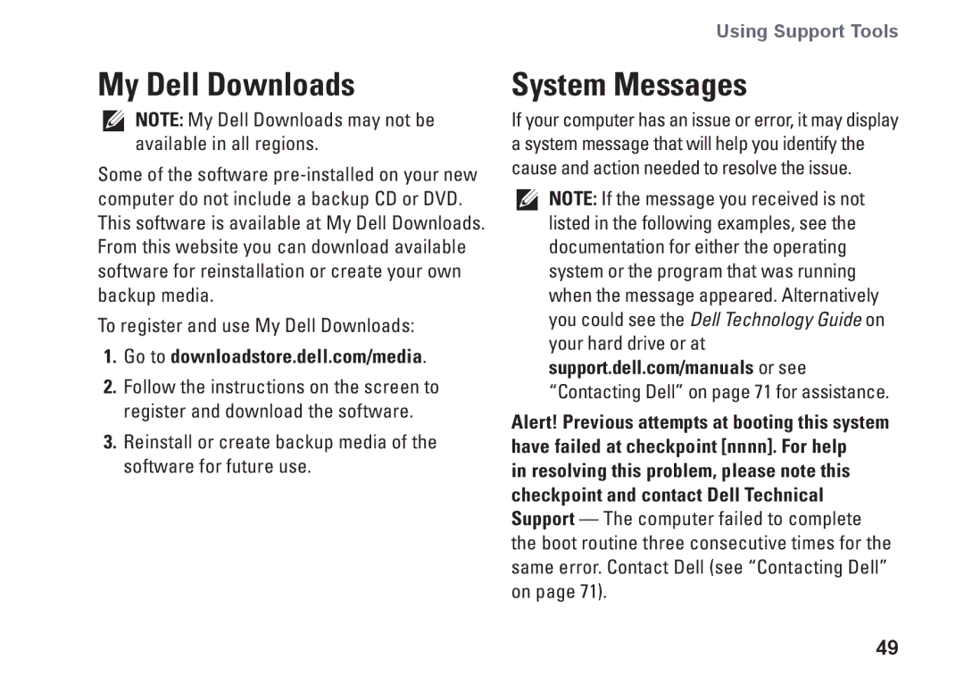 Dell P09G series, 1464, YXKVH, P09G001 setup guide My Dell Downloads, System Messages 