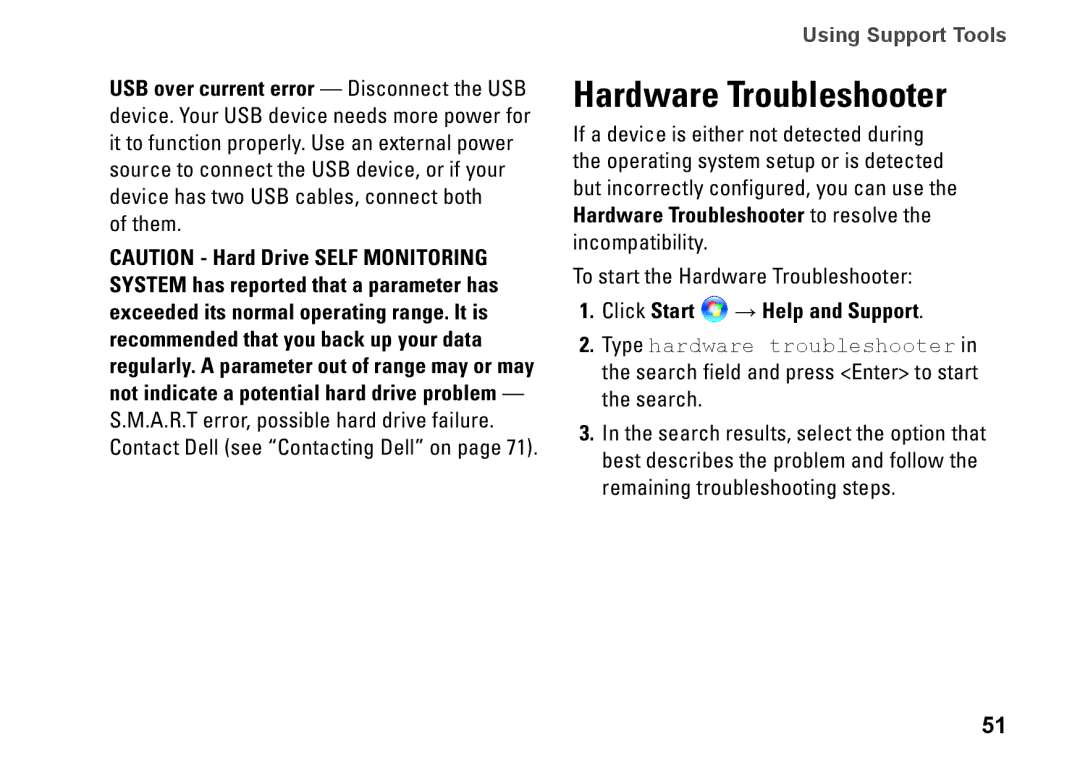 Dell YXKVH, 1464, P09G001, P09G series setup guide Hardware Troubleshooter, Click Start → Help and Support 