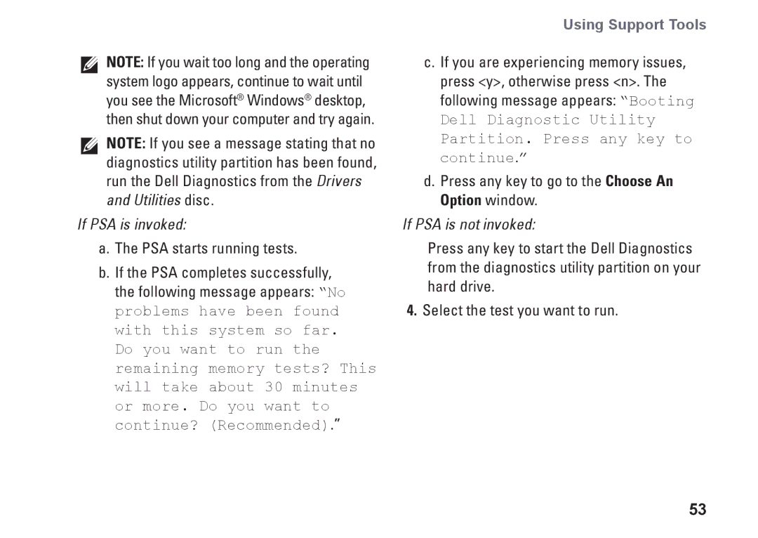 Dell P09G series, 1464, YXKVH, P09G001 setup guide If PSA is invoked 