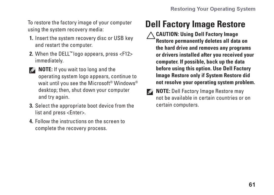 Dell P09G series, 1464, YXKVH, P09G001 setup guide Dell Factory Image Restore 